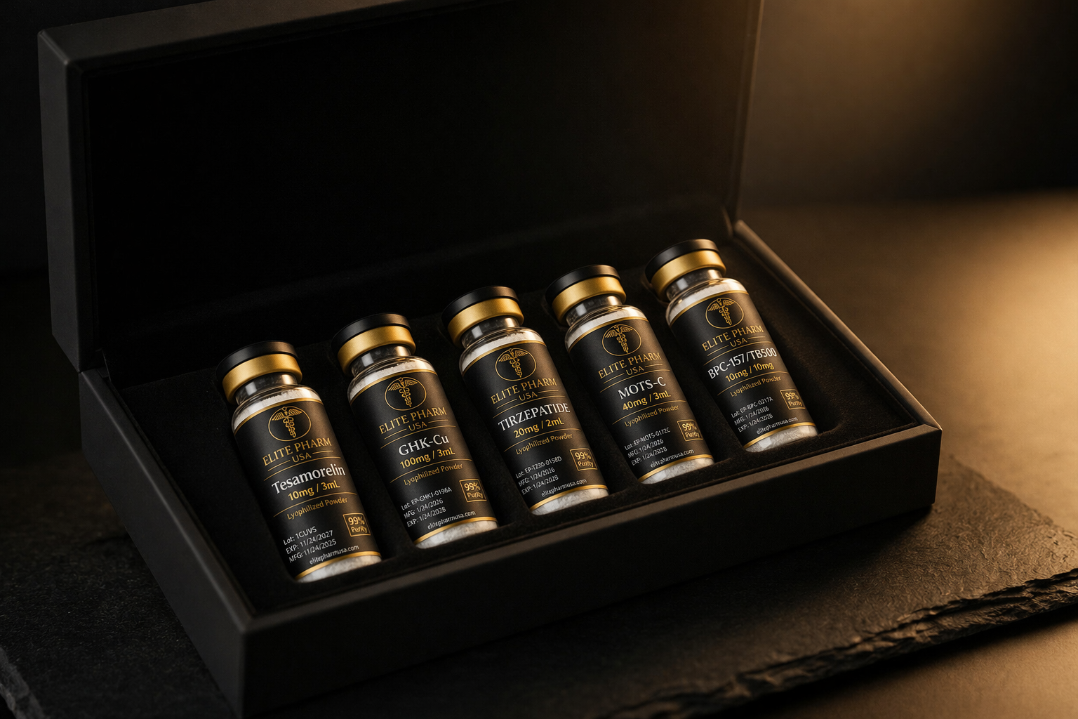 MED GO LAB research peptide collection presented in a premium case