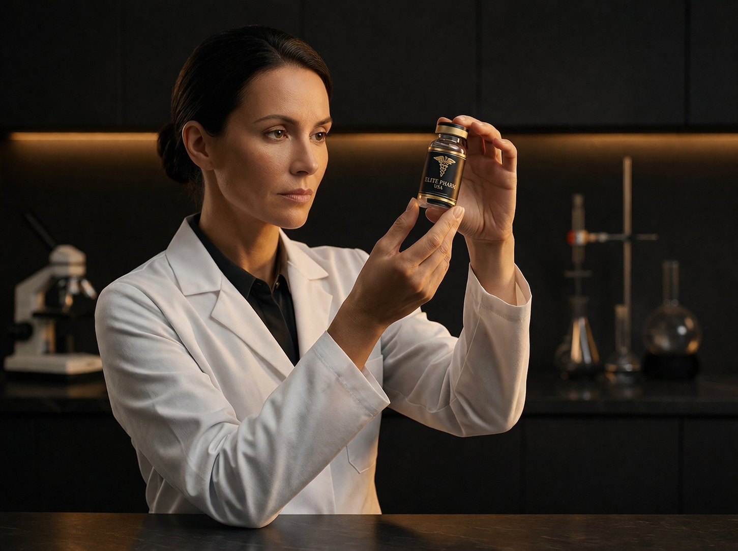 Researcher inspecting a sealed vial under controlled laboratory lighting
